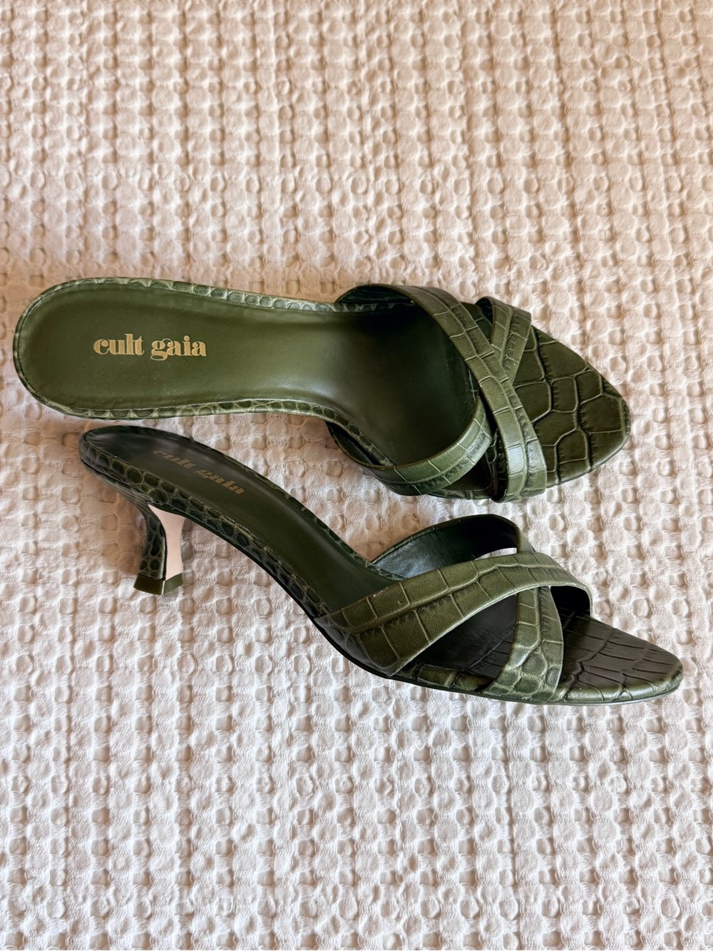 cult gaia Olive Green Croc-Embossed Slide Kitten Heels